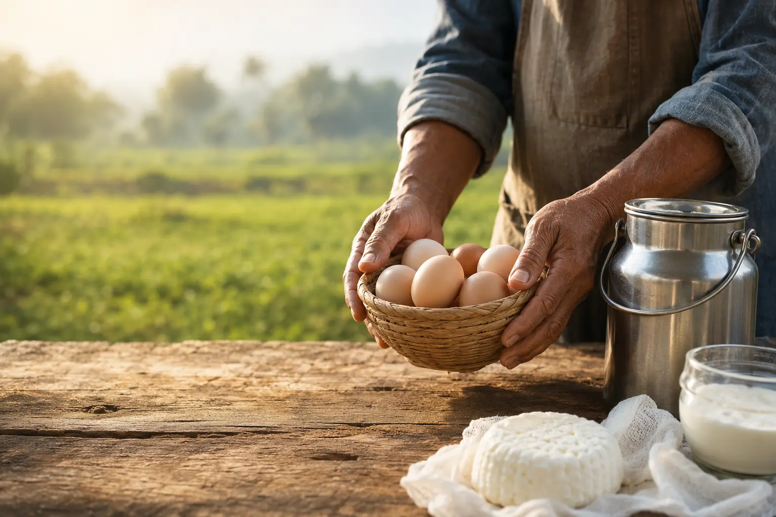 Conceptual farmer hands with eggs and a milk vessel in a farm setting
